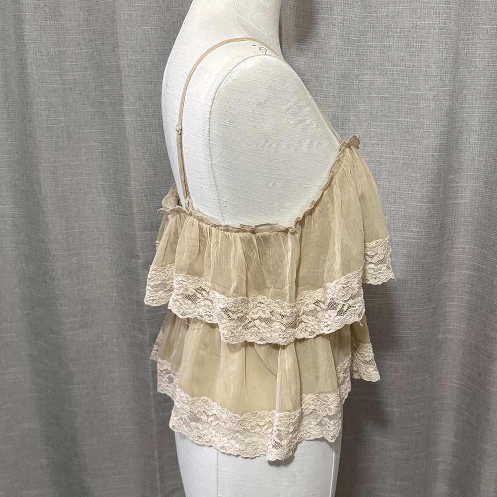American Eagle Lace Trimmed Cropped Top-Sz M-Cream/White-Semi Sheer-Adj Straps - Picture 9 of 13